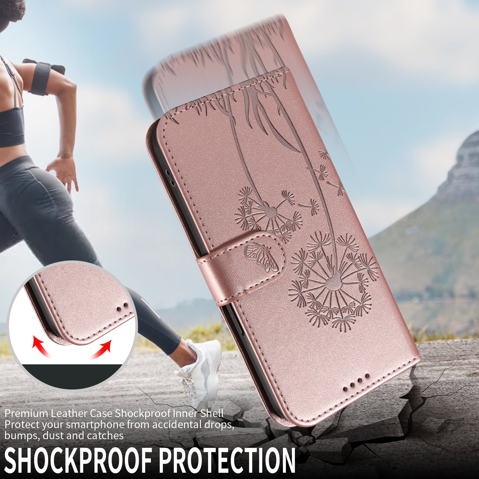 For Xiaomi 17 Pro Max Leather Wallet Case with Strap Dandelion Imprint Phone Stand Cover - Rose Gold