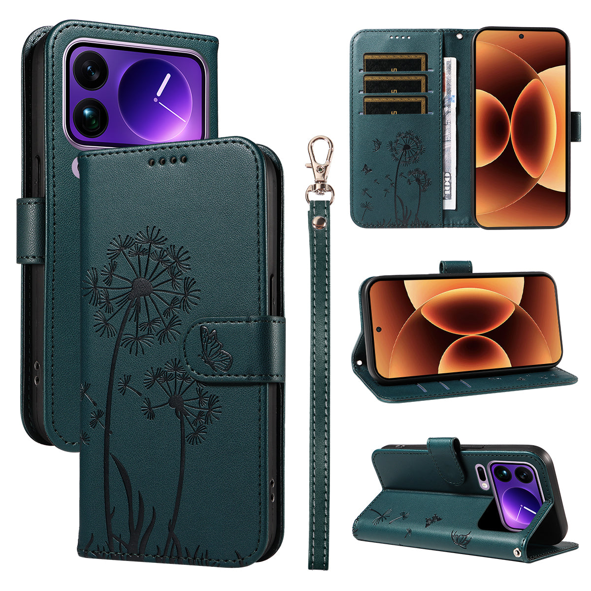 For Xiaomi 17 Pro Max Leather Wallet Case with Strap Dandelion Imprint Phone Stand Cover - Blue