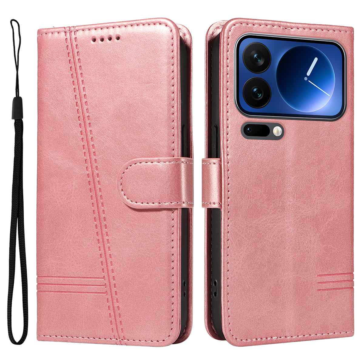For Xiaomi 17 Pro Wallet Case T-Shape Lines Leather Phone Cover Stand - Rose Gold