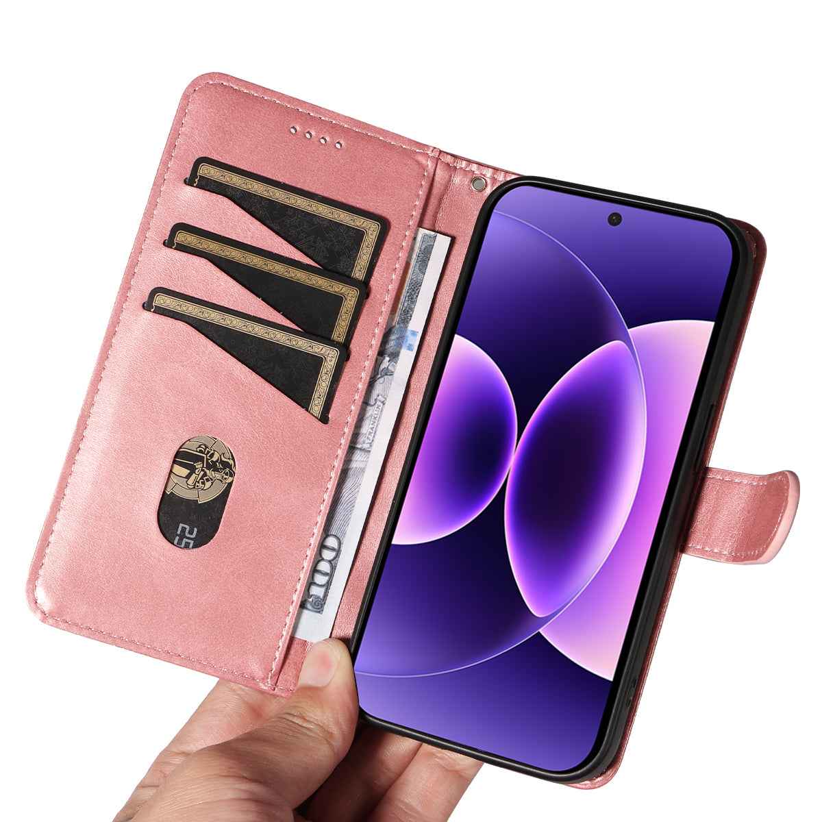For Xiaomi 17 Pro Wallet Case T-Shape Lines Leather Phone Cover Stand - Rose Gold