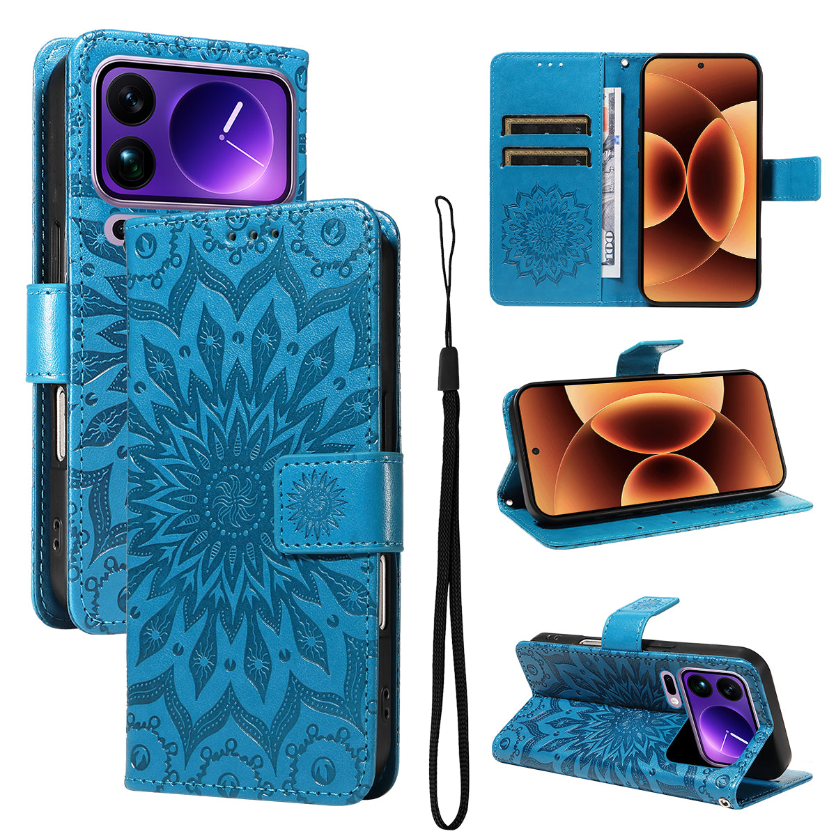 For Xiaomi 17 Pro Max Leather Wallet Case Sunflower Imprinted Phone Cover - Blue