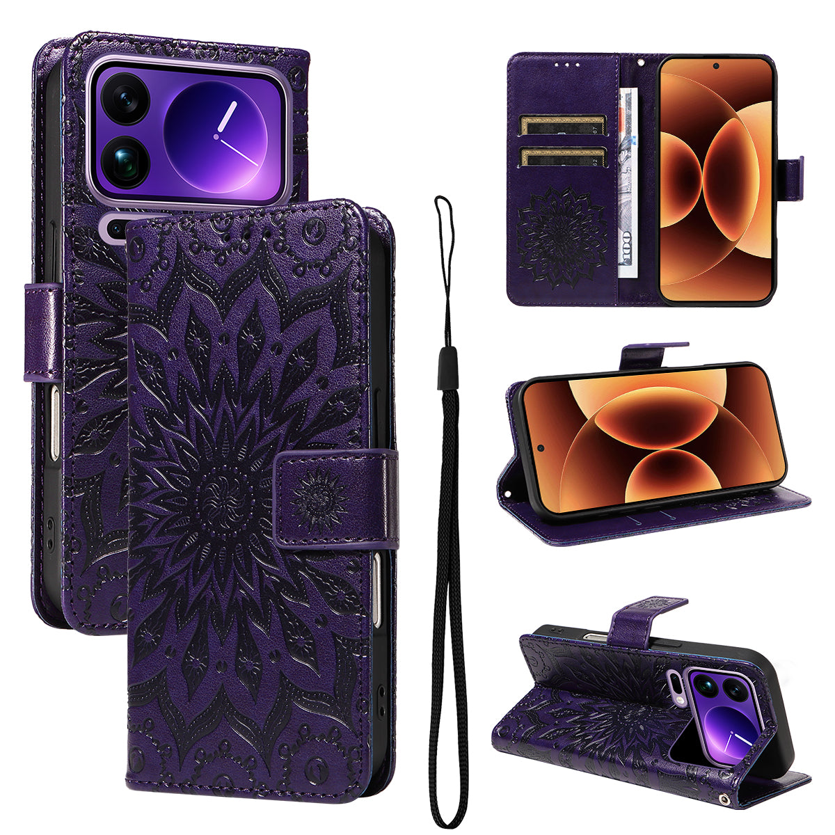For Xiaomi 17 Pro Max Leather Wallet Case Sunflower Imprinted Phone Cover - Purple