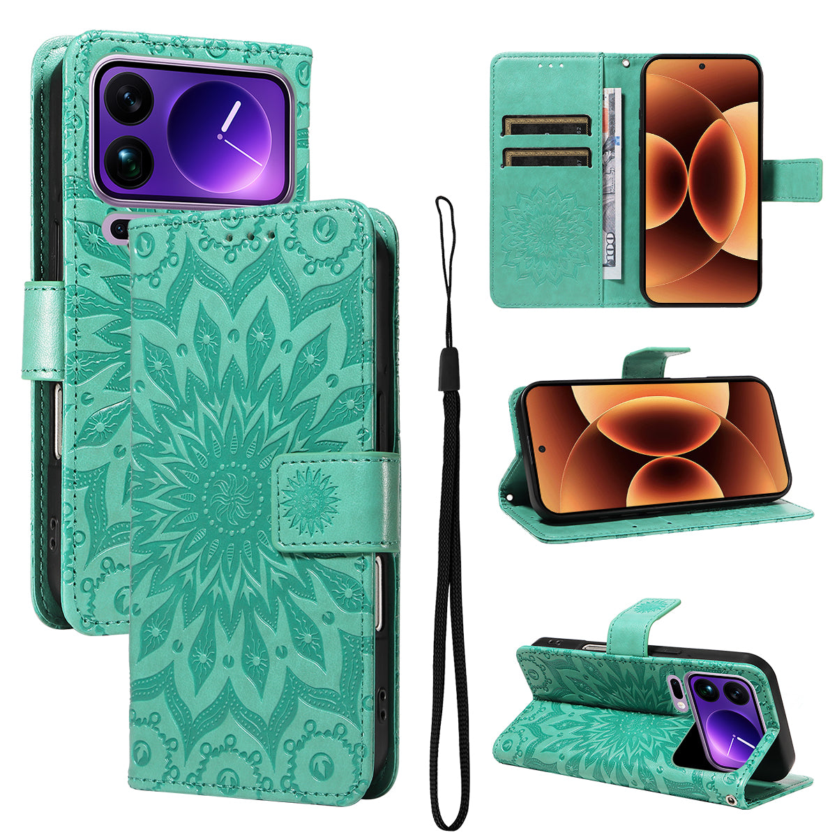 For Xiaomi 17 Pro Max Leather Wallet Case Sunflower Imprinted Phone Cover - Green