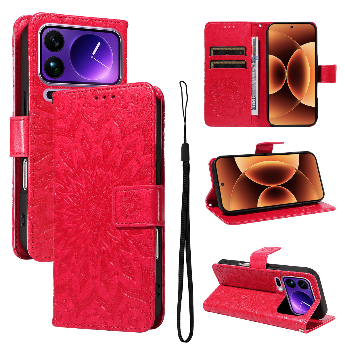 For Xiaomi 17 Pro Max Leather Wallet Case Sunflower Imprinted Phone Cover - Red