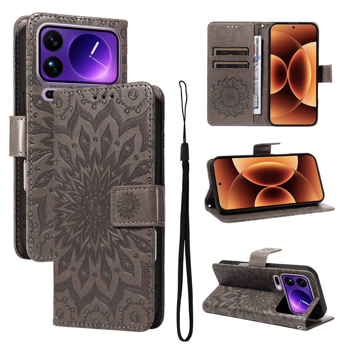 For Xiaomi 17 Pro Max Leather Wallet Case Sunflower Imprinted Phone Cover - Grey