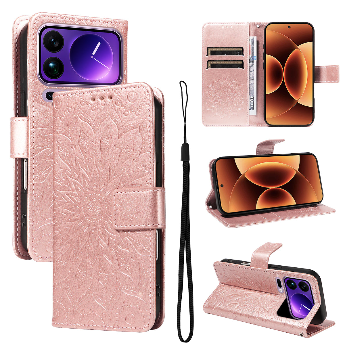 For Xiaomi 17 Pro Max Leather Wallet Case Sunflower Imprinted Phone Cover -  Rose Gold