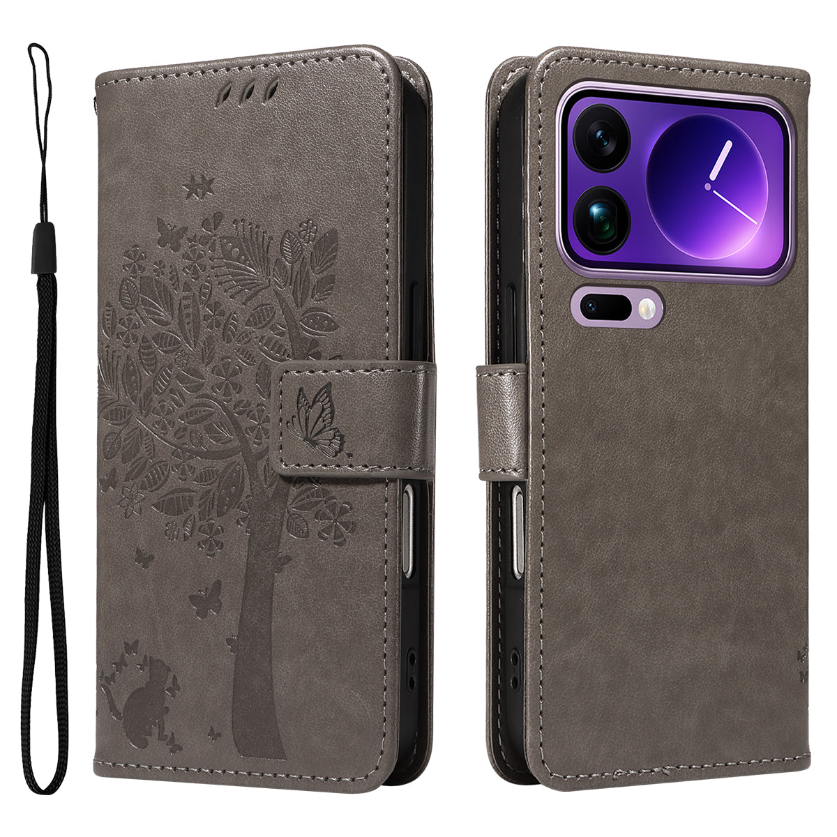 For Xiaomi 17 Pro Max Phone Case with Stand Cat Tree Pattern Leather Wallet Mobile Cover - Grey