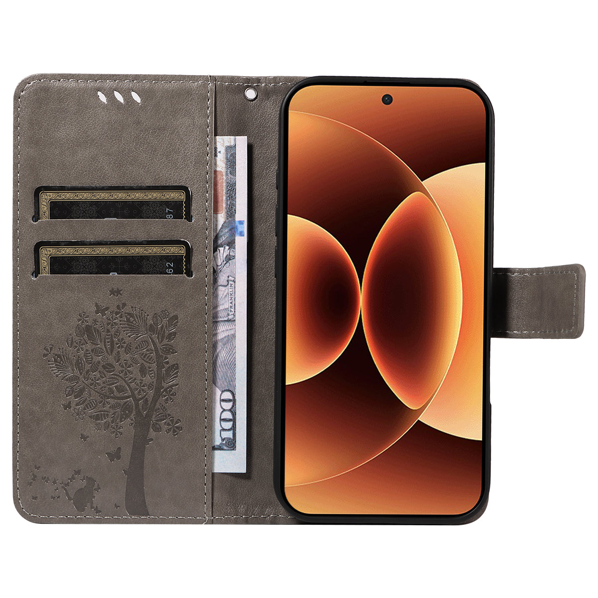 For Xiaomi 17 Pro Max Phone Case with Stand Cat Tree Pattern Leather Wallet Mobile Cover - Grey