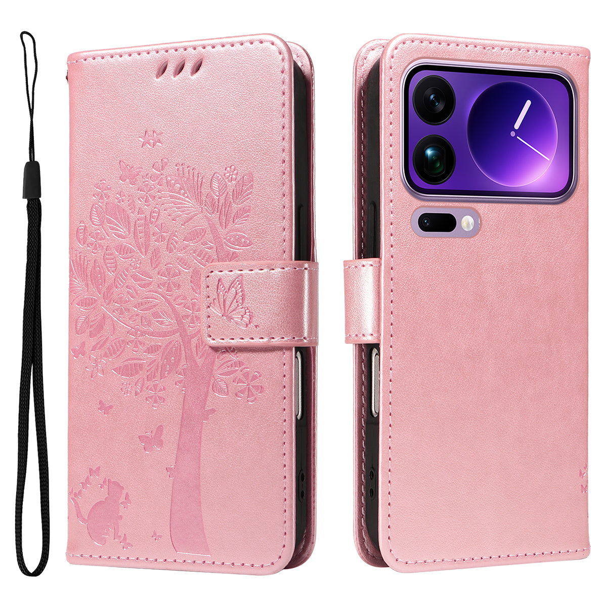 For Xiaomi 17 Pro Max Phone Case with Stand Cat Tree Pattern Leather Wallet Mobile Cover - Rose Gold