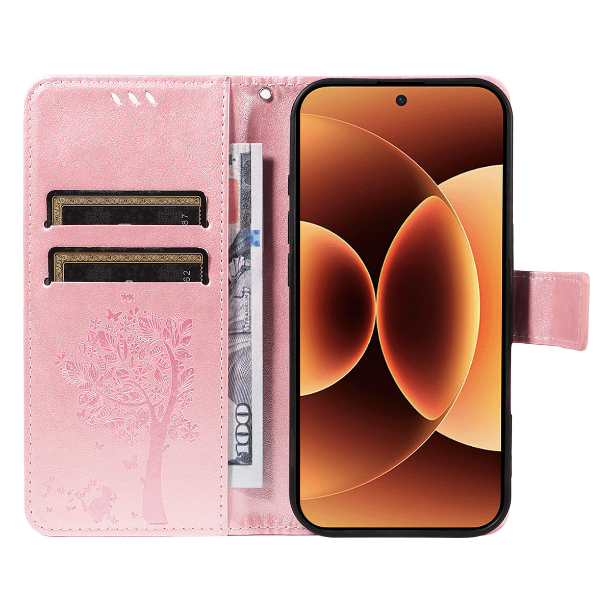For Xiaomi 17 Pro Max Phone Case with Stand Cat Tree Pattern Leather Wallet Mobile Cover - Rose Gold