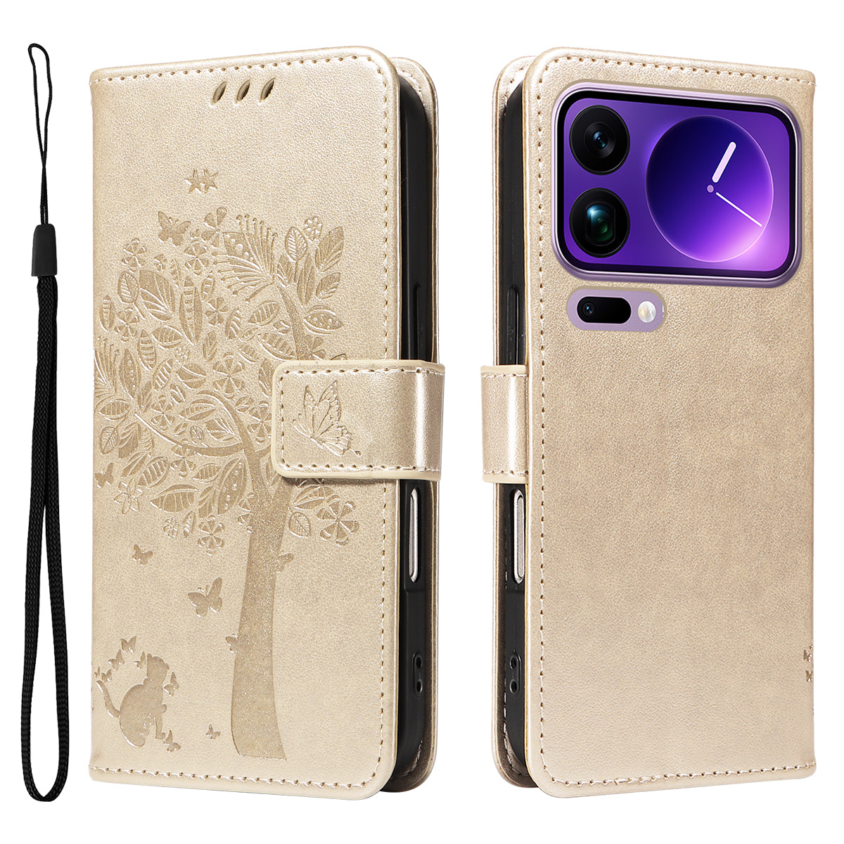 For Xiaomi 17 Pro Max Phone Case with Stand Cat Tree Pattern Leather Wallet Mobile Cover - Gold