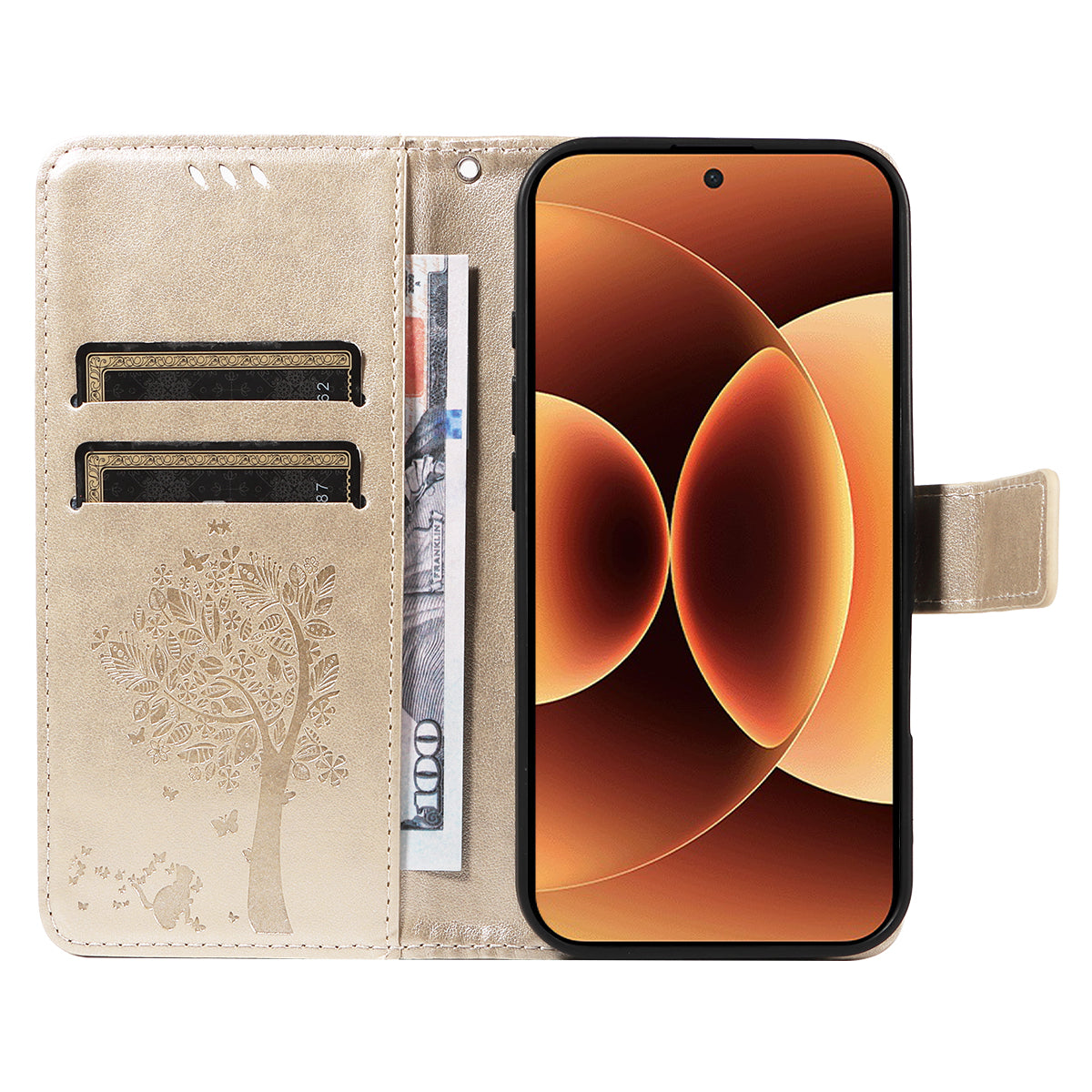 For Xiaomi 17 Pro Max Phone Case with Stand Cat Tree Pattern Leather Wallet Mobile Cover - Gold