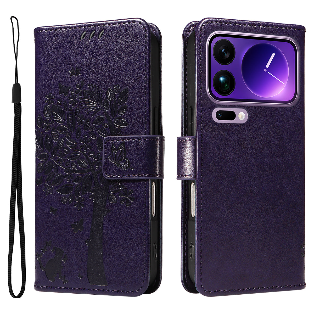 For Xiaomi 17 Pro Max Phone Case with Stand Cat Tree Pattern Leather Wallet Mobile Cover - Purple