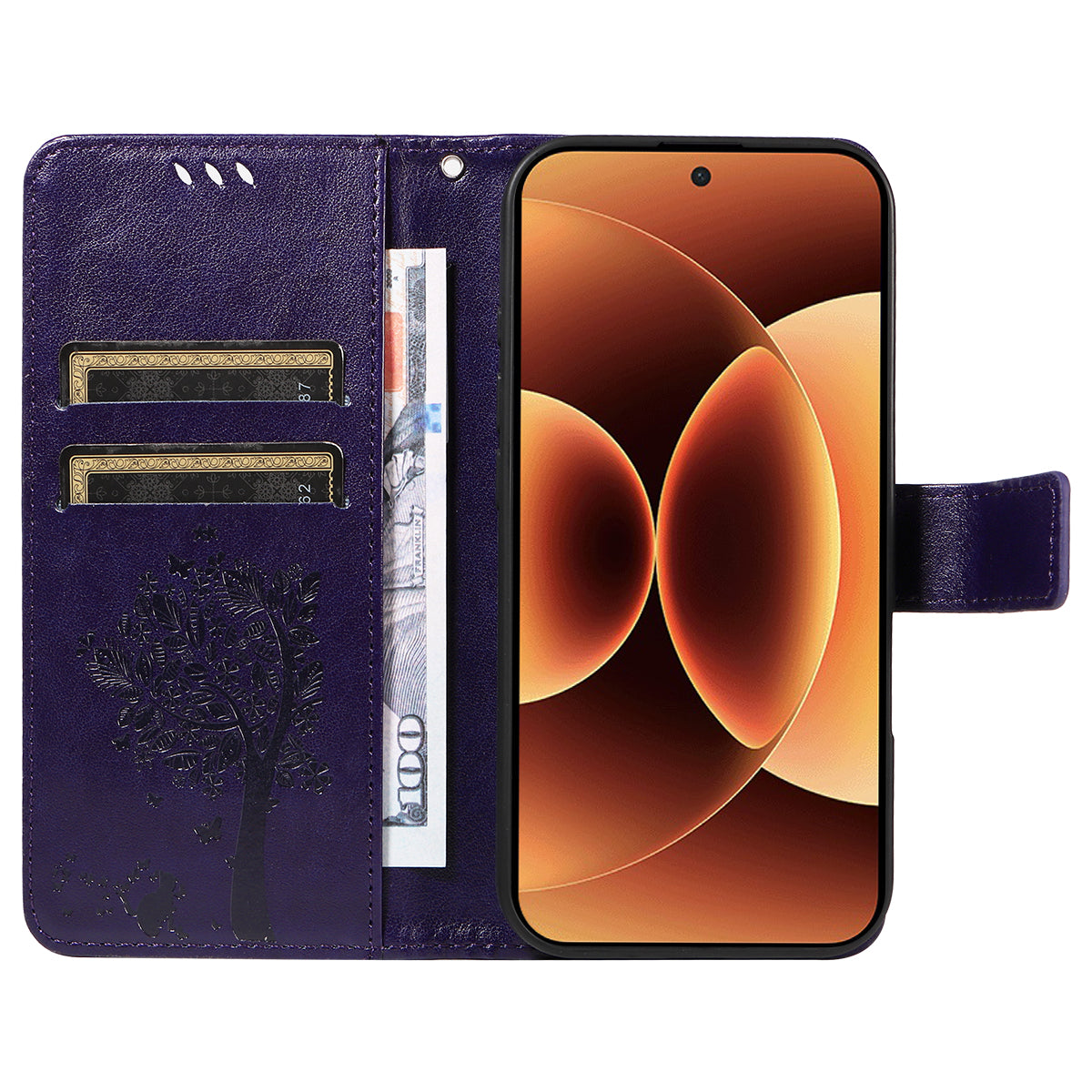 For Xiaomi 17 Pro Max Phone Case with Stand Cat Tree Pattern Leather Wallet Mobile Cover - Purple