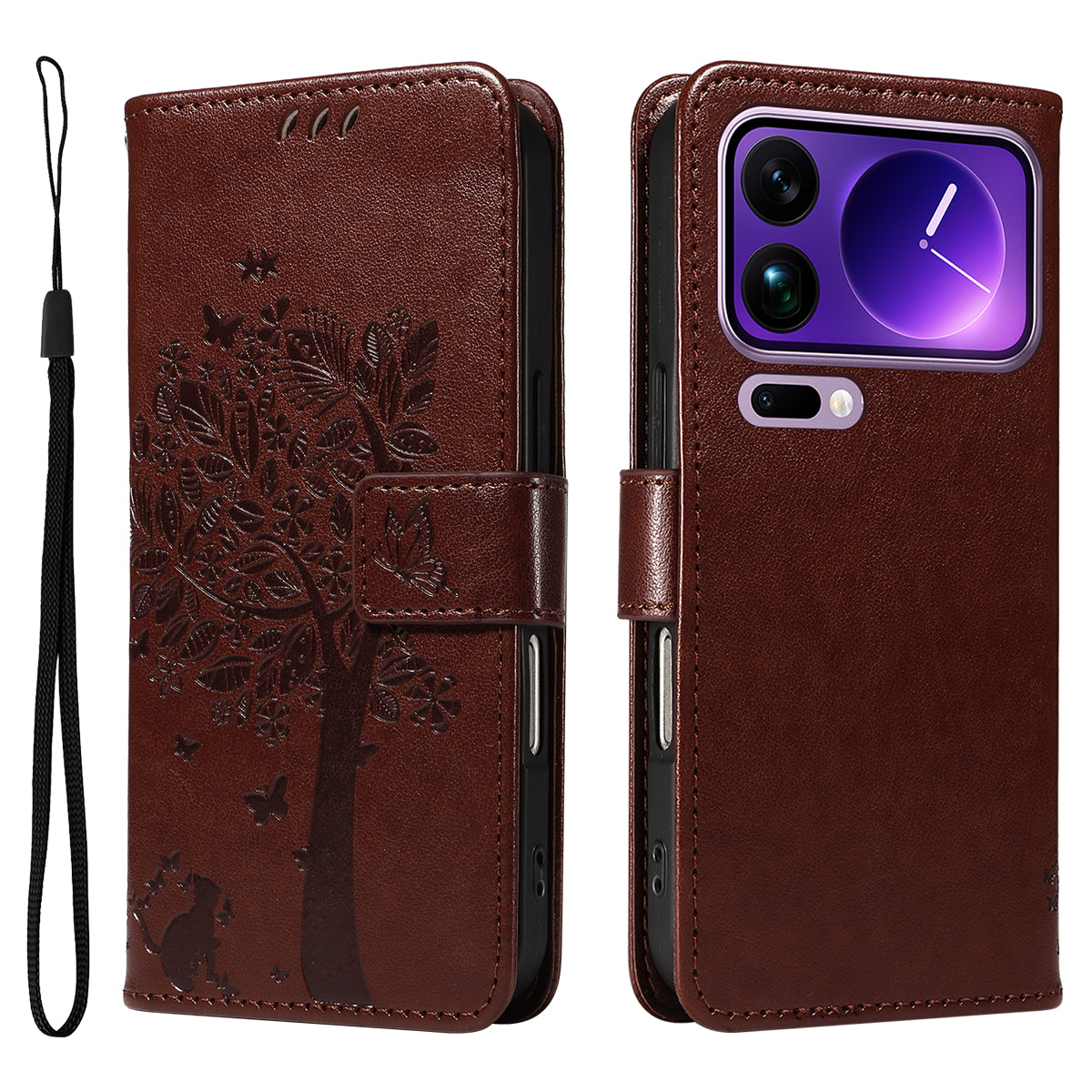 For Xiaomi 17 Pro Max Phone Case with Stand Cat Tree Pattern Leather Wallet Mobile Cover - Coffee