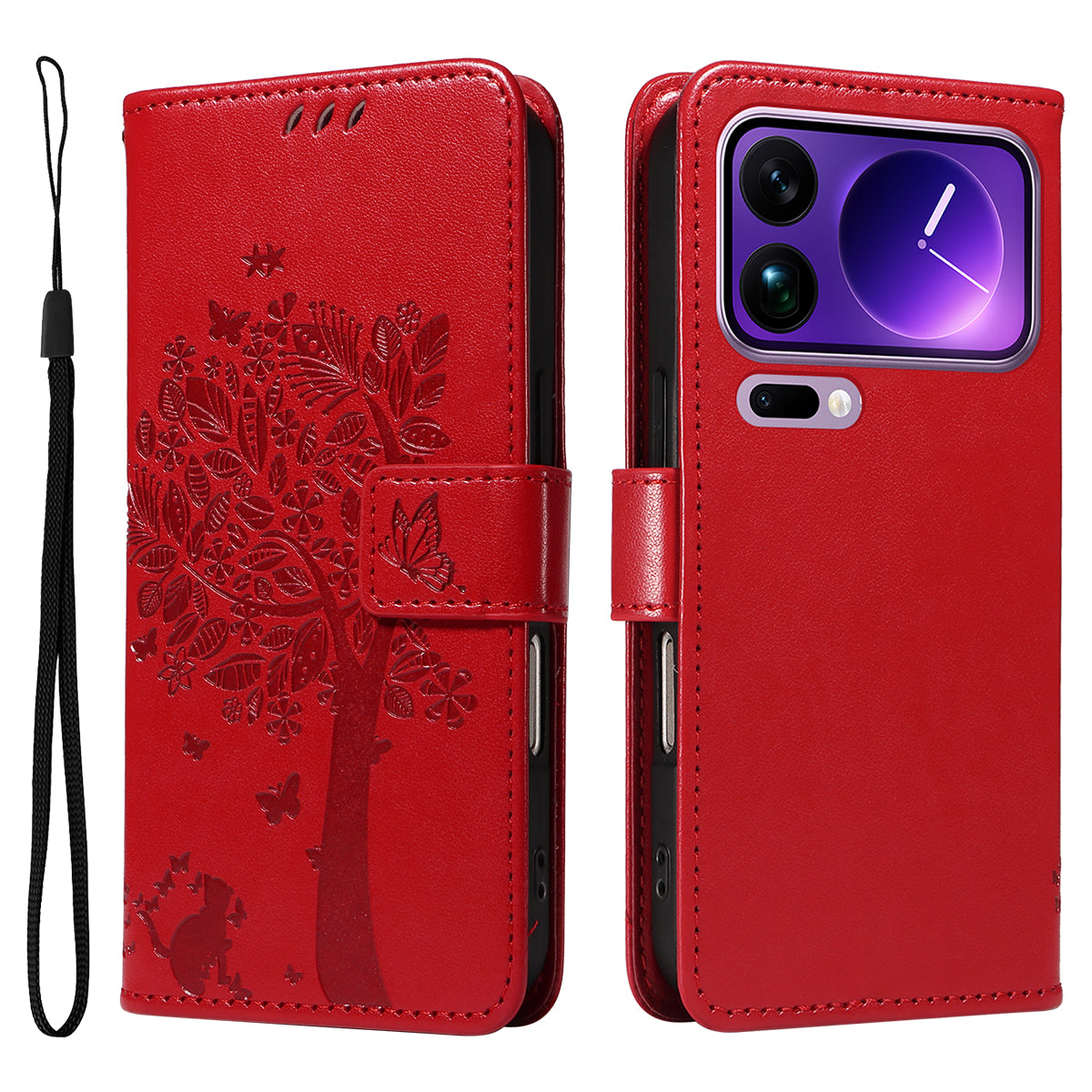 For Xiaomi 17 Pro Max Phone Case with Stand Cat Tree Pattern Leather Wallet Mobile Cover - Red