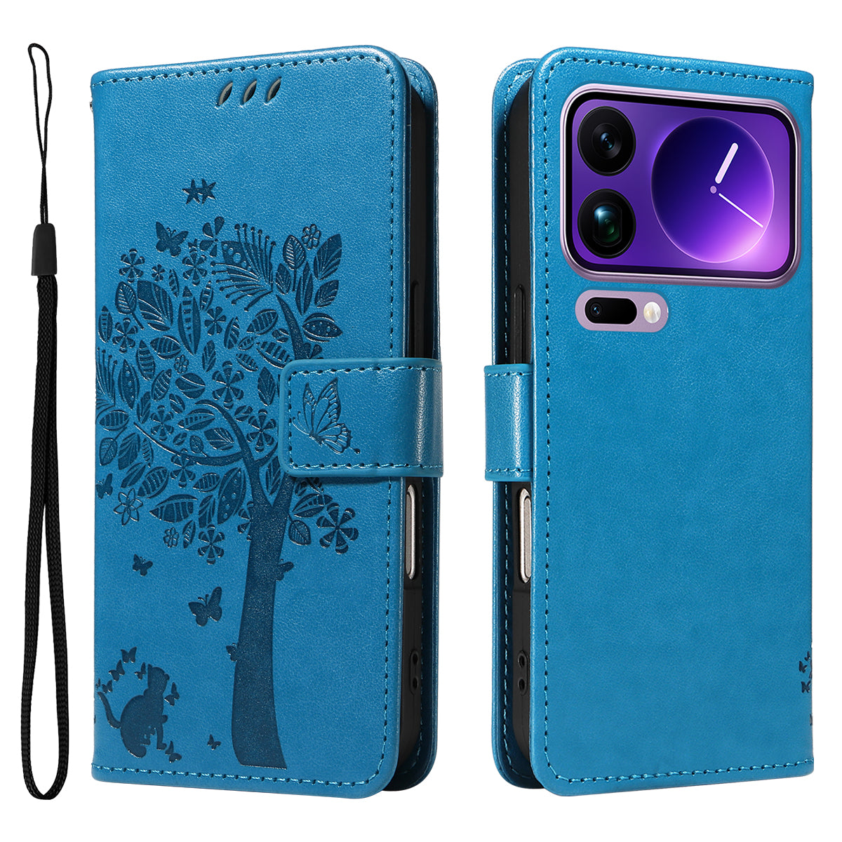 For Xiaomi 17 Pro Max Phone Case with Stand Cat Tree Pattern Leather Wallet Mobile Cover - Blue