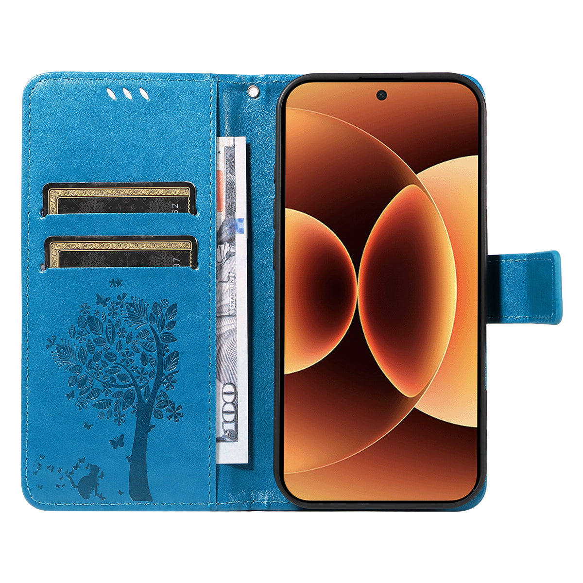 For Xiaomi 17 Pro Max Phone Case with Stand Cat Tree Pattern Leather Wallet Mobile Cover - Blue
