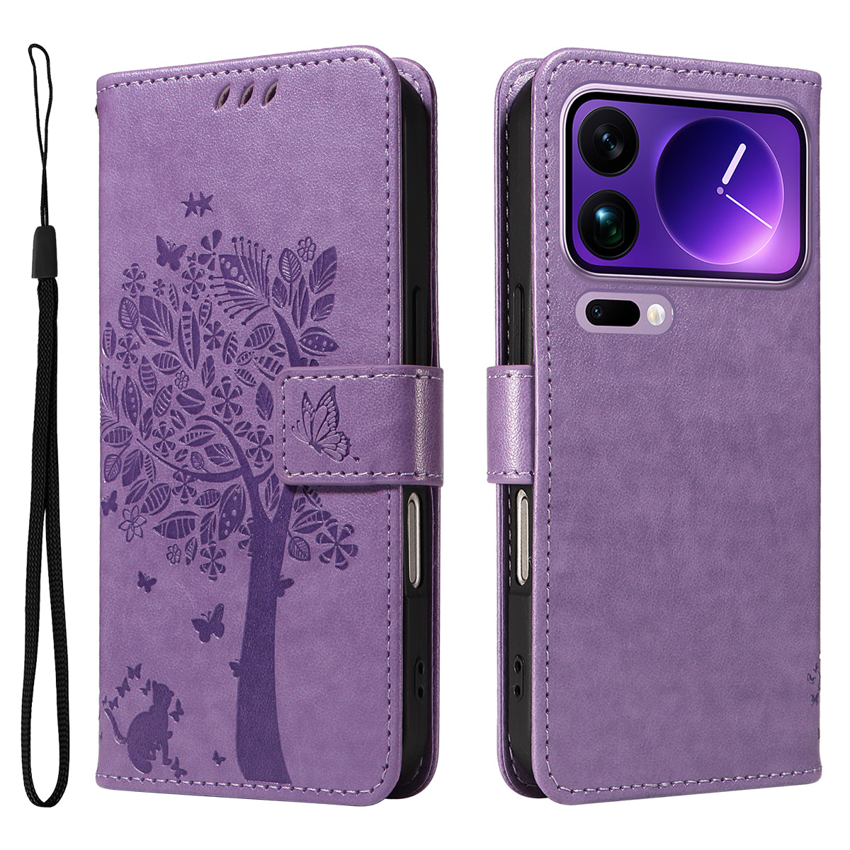 For Xiaomi 17 Pro Max Phone Case with Stand Cat Tree Pattern Leather Wallet Mobile Cover -  Light Purple