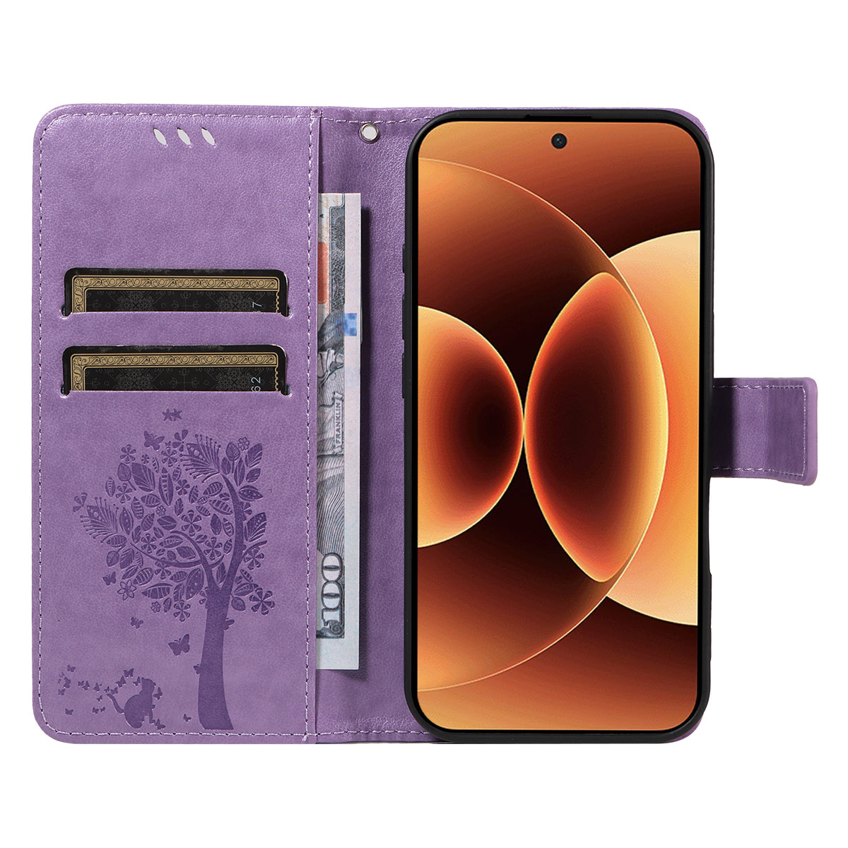 For Xiaomi 17 Pro Max Phone Case with Stand Cat Tree Pattern Leather Wallet Mobile Cover -  Light Purple