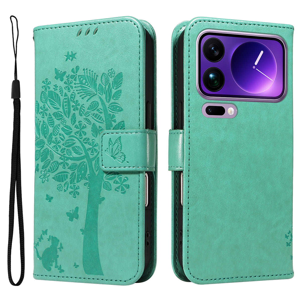 For Xiaomi 17 Pro Max Phone Case with Stand Cat Tree Pattern Leather Wallet Mobile Cover - Green