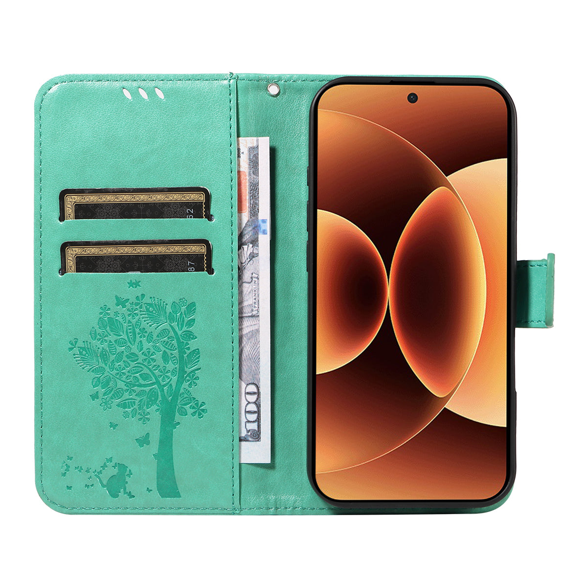 For Xiaomi 17 Pro Max Phone Case with Stand Cat Tree Pattern Leather Wallet Mobile Cover - Green