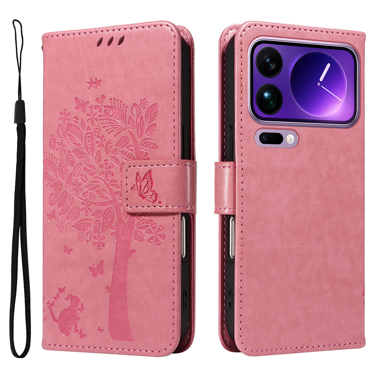 For Xiaomi 17 Pro Max Phone Case with Stand Cat Tree Pattern Leather Wallet Mobile Cover - Pink