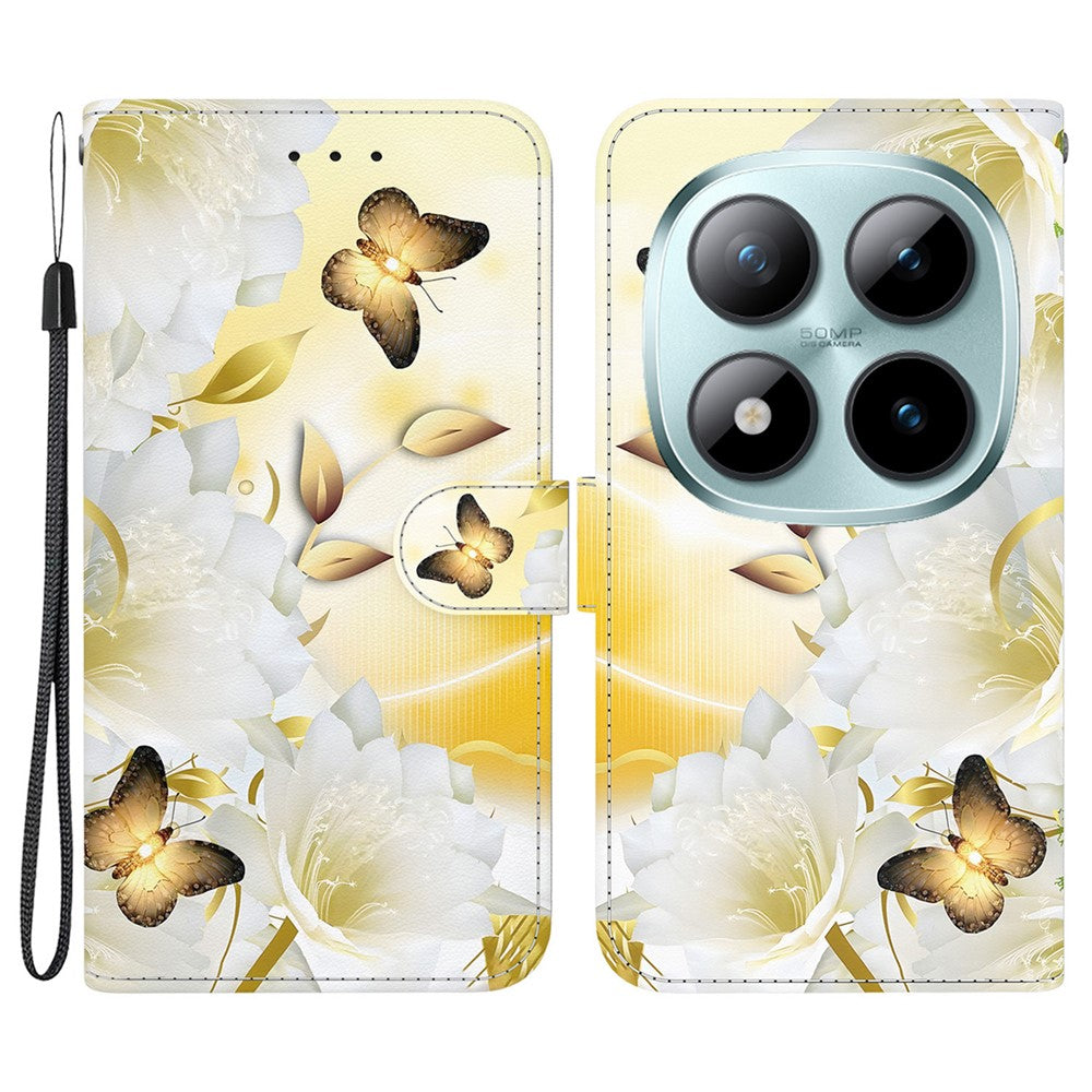 For Xiaomi Redmi Note 15 Pro 5G (Global) Wallet Phone Case Pattern Printing Leather Flip Cover with Strap - Gold Butterfly Flower