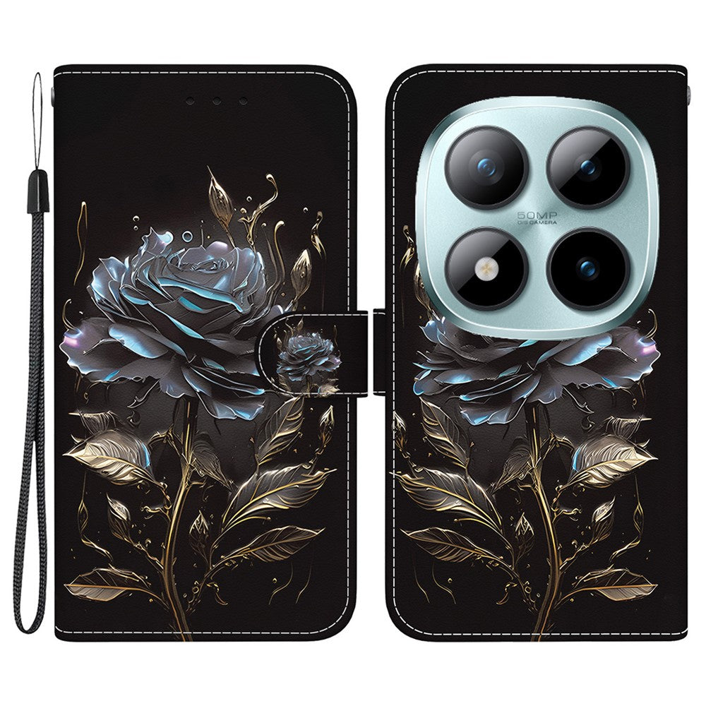 For Xiaomi Redmi Note 15 Pro 5G (Global) Wallet Phone Case Pattern Printing Leather Flip Cover with Strap - Black Rose
