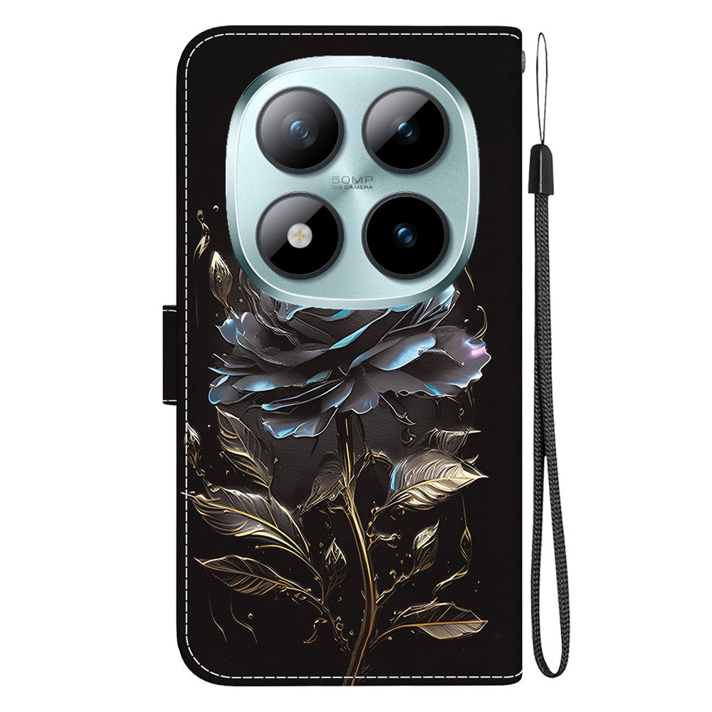 For Xiaomi Redmi Note 15 Pro 5G (Global) Wallet Phone Case Pattern Printing Leather Flip Cover with Strap - Black Rose