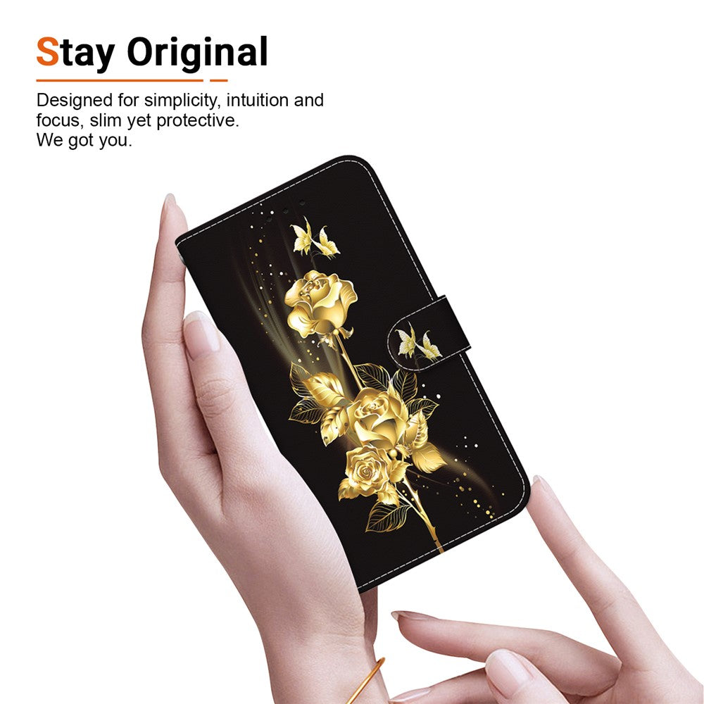 For Xiaomi Redmi Note 15 Pro 5G (Global) Wallet Phone Case Pattern Printing Leather Flip Cover with Strap - Gold Butterfly Rose