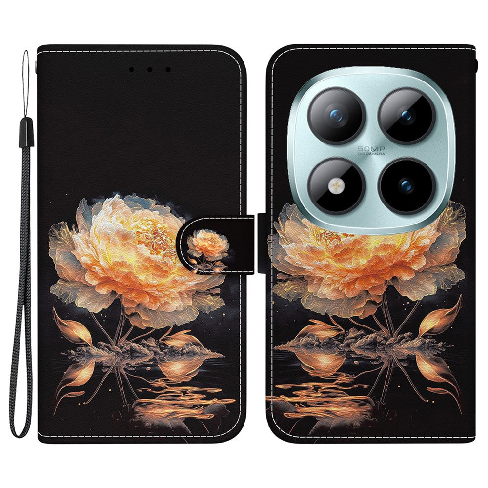 For Xiaomi Redmi Note 15 Pro 5G (Global) Wallet Phone Case Pattern Printing Leather Flip Cover with Strap - Gold Peony