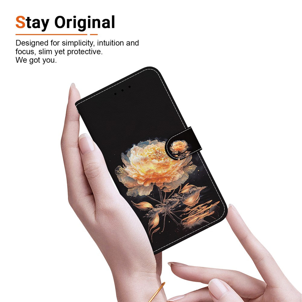 For Xiaomi Redmi Note 15 Pro 5G (Global) Wallet Phone Case Pattern Printing Leather Flip Cover with Strap - Gold Peony