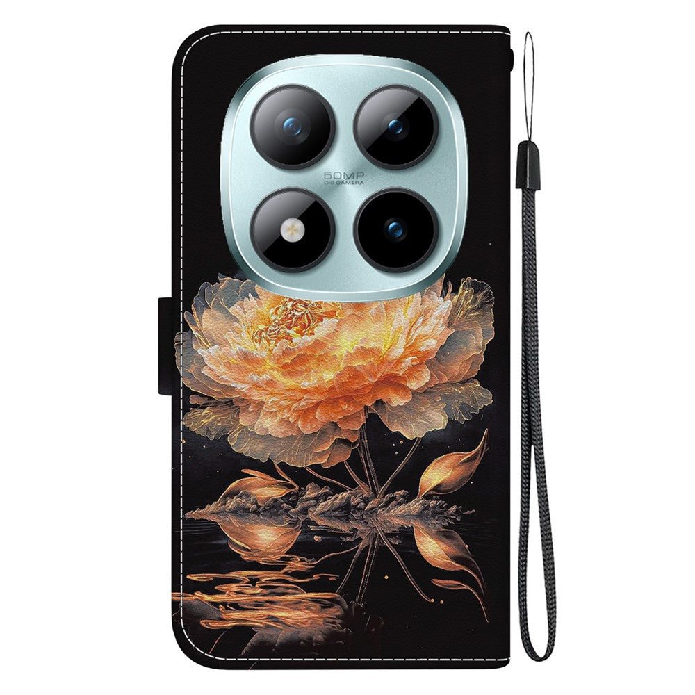 For Xiaomi Redmi Note 15 Pro 5G (Global) Wallet Phone Case Pattern Printing Leather Flip Cover with Strap - Gold Peony