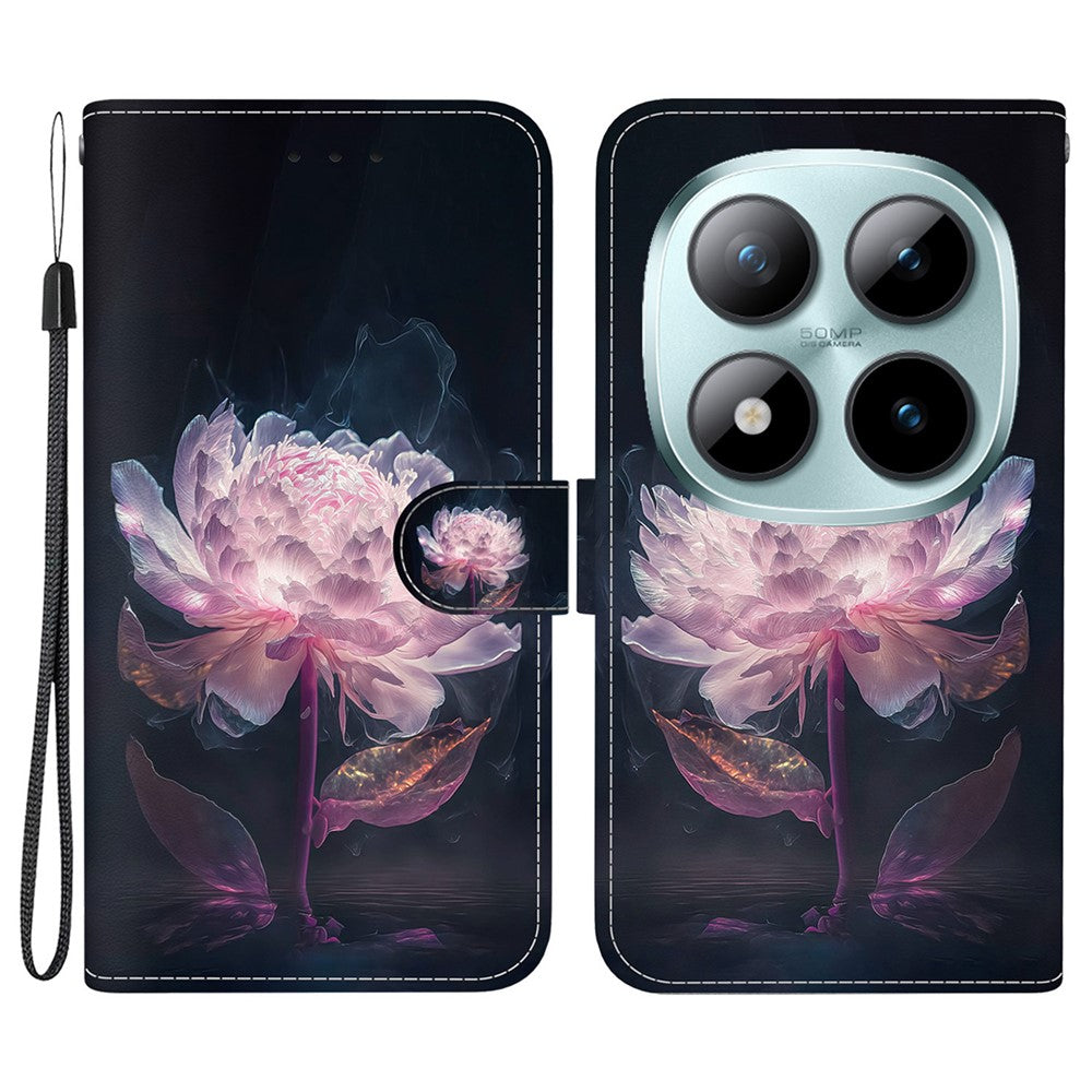 For Xiaomi Redmi Note 15 Pro 5G (Global) Wallet Phone Case Pattern Printing Leather Flip Cover with Strap - Purple Peony