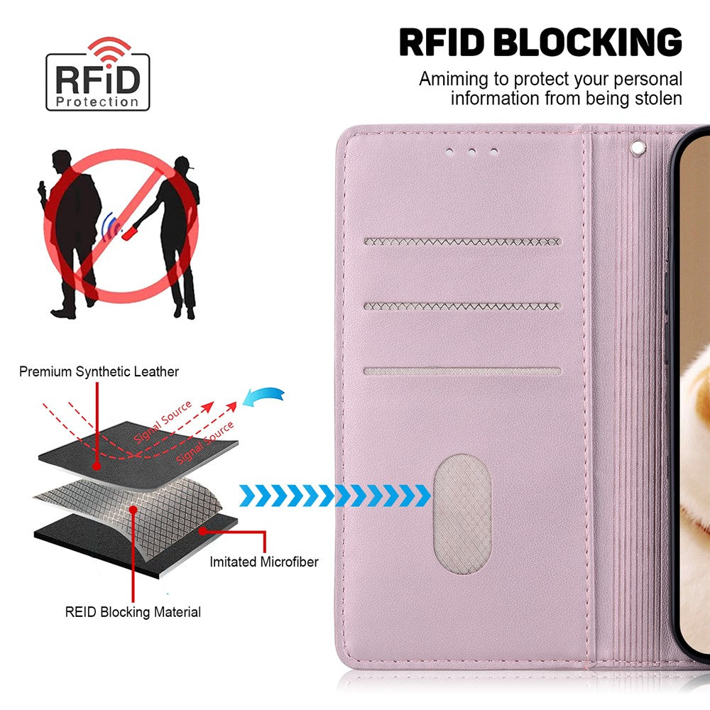 For Xiaomi Redmi Note 15 Pro 5G (Global) Case RFID Blocking Kitten Pattern TPU + PU Leather Phone Cover with Wrist Strap - Pink