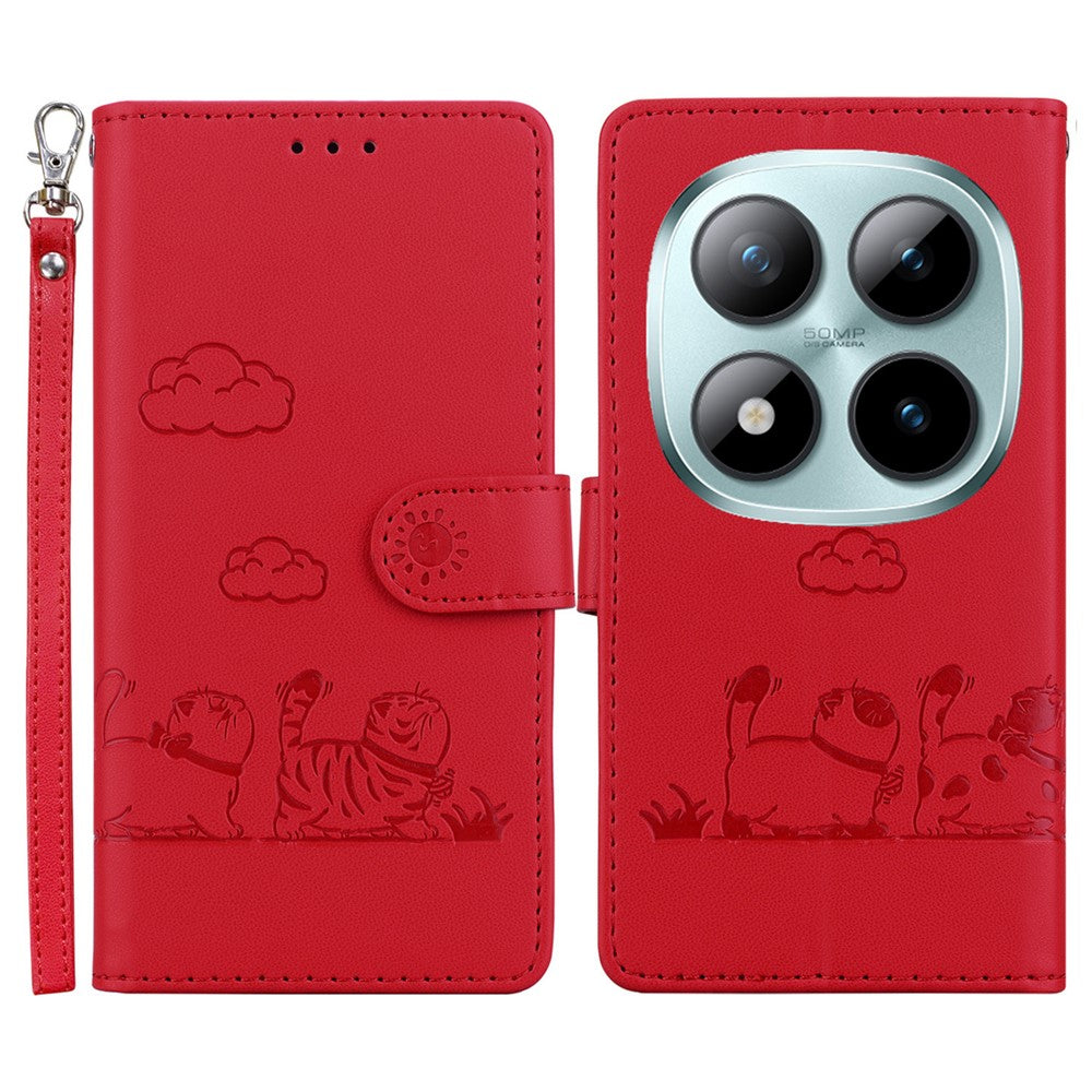 For Xiaomi Redmi Note 15 Pro 5G (Global) Case RFID Blocking Kitten Pattern TPU + PU Leather Phone Cover with Wrist Strap - Red