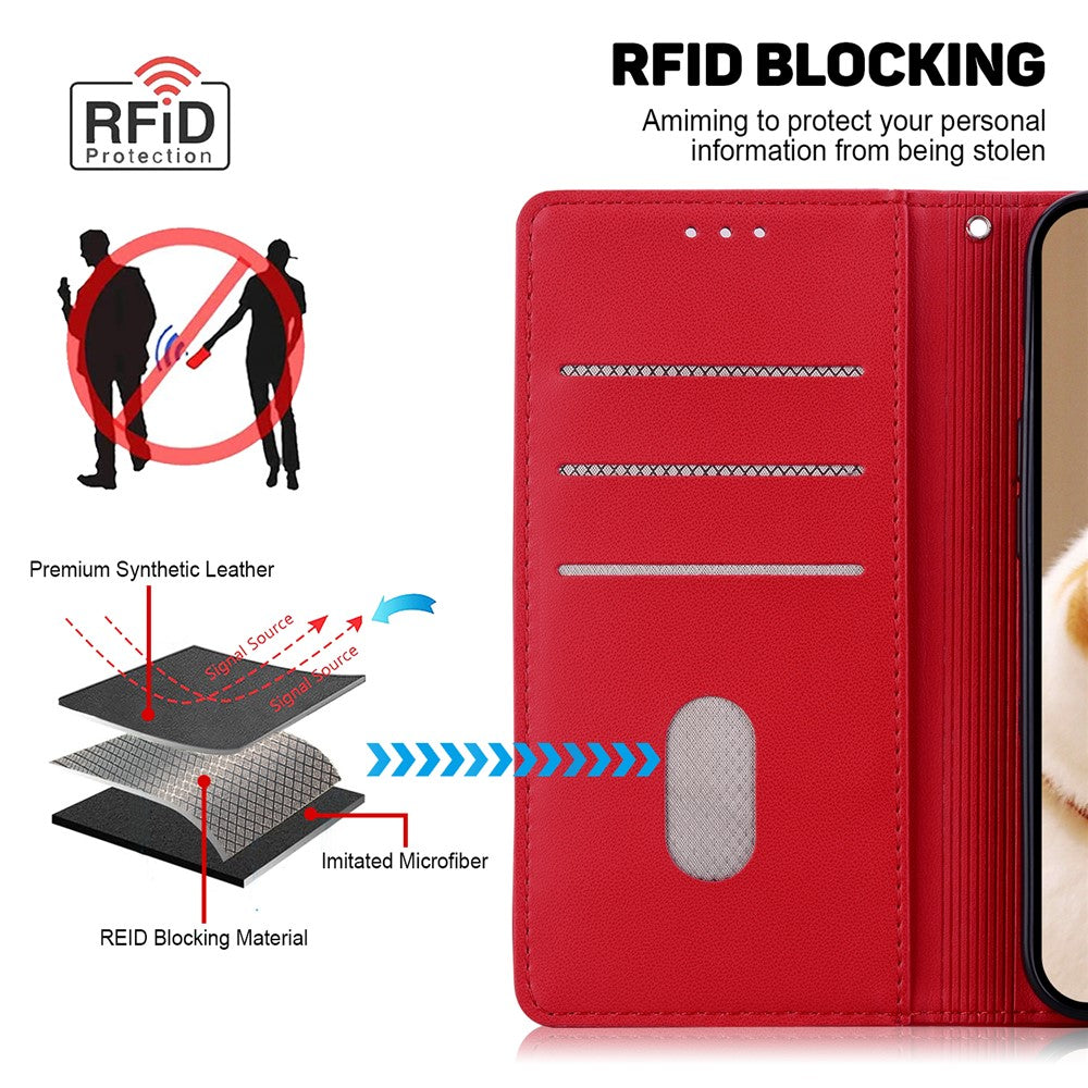 For Xiaomi Redmi Note 15 Pro 5G (Global) Case RFID Blocking Kitten Pattern TPU + PU Leather Phone Cover with Wrist Strap - Red