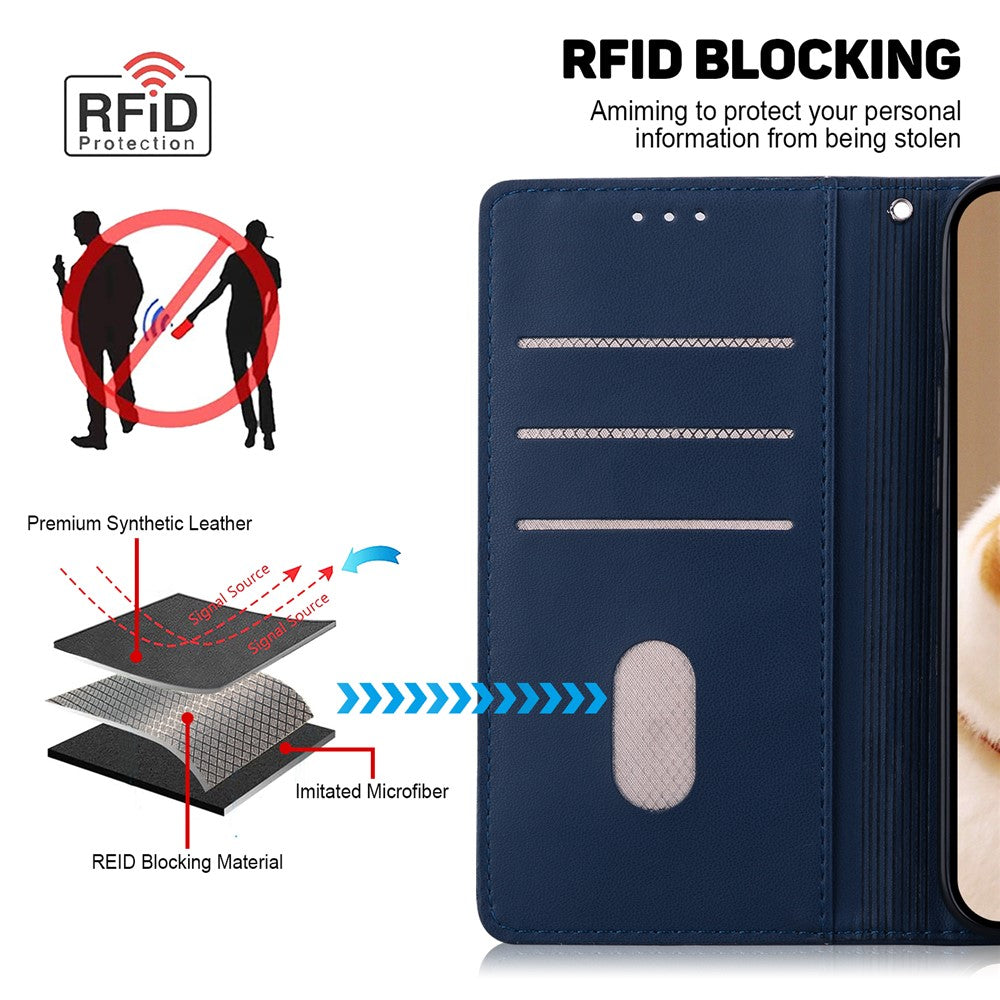 For Xiaomi Redmi Note 15 Pro 5G (Global) Case RFID Blocking Kitten Pattern TPU + PU Leather Phone Cover with Wrist Strap - Dark Blue