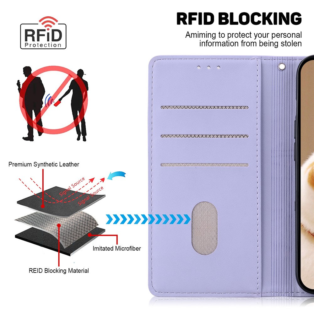 For Xiaomi Redmi Note 15 Pro 5G (Global) Case RFID Blocking Kitten Pattern TPU + PU Leather Phone Cover with Wrist Strap - Purple