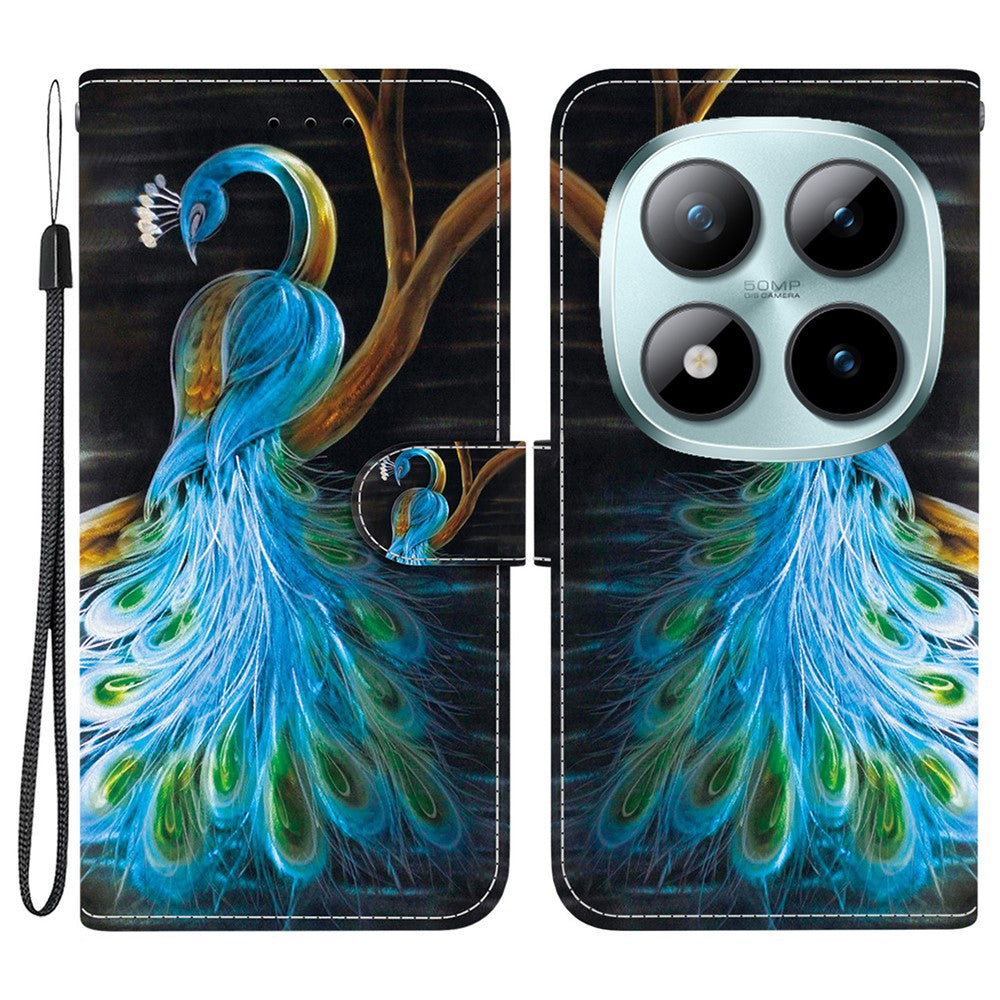 For Xiaomi Redmi Note 15 Pro 5G (Global) Case Pattern Printing Leather Flip Wallet Phone Cover with Lanyard - Peacock
