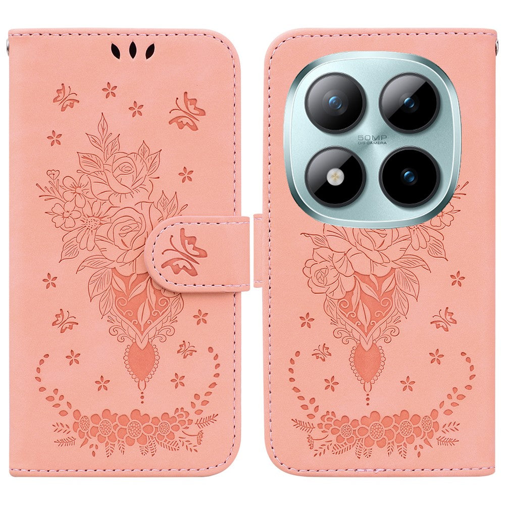 For Xiaomi Redmi Note 15 Pro 5G (Global) Case Butterfly Flower Imprint PU Leather Wallet Phone Cover with Strap - Pink