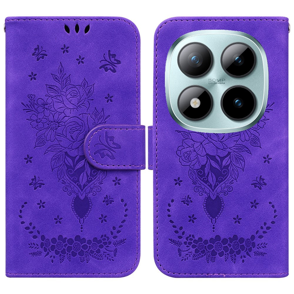 For Xiaomi Redmi Note 15 Pro 5G (Global) Case Butterfly Flower Imprint PU Leather Wallet Phone Cover with Strap - Purple
