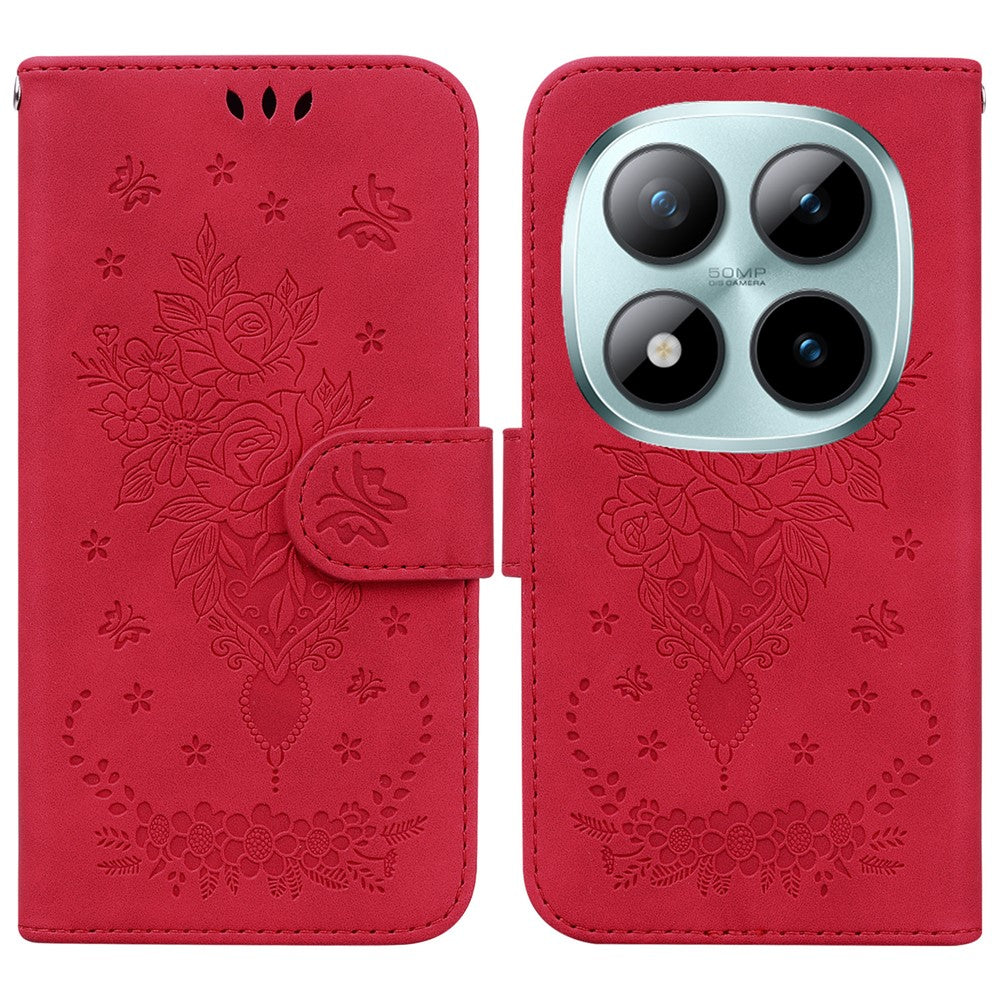 For Xiaomi Redmi Note 15 Pro 5G (Global) Case Butterfly Flower Imprint PU Leather Wallet Phone Cover with Strap - Red