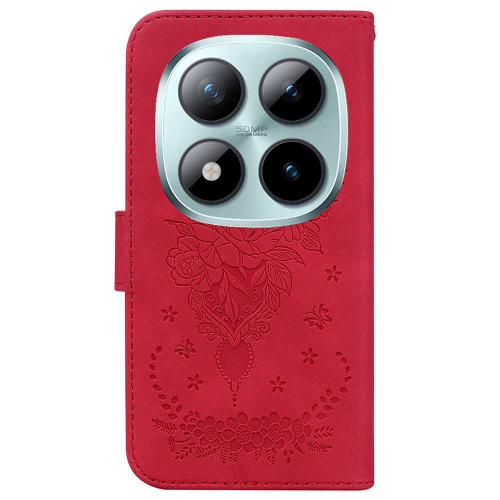 For Xiaomi Redmi Note 15 Pro 5G (Global) Case Butterfly Flower Imprint PU Leather Wallet Phone Cover with Strap - Red