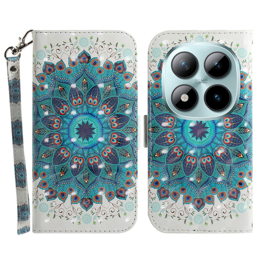 For Xiaomi Redmi Note 15 Pro 5G (Global) Case Pattern Printing Leather Wallet Phone Cover with Wrist Strap - Peacock Wreath