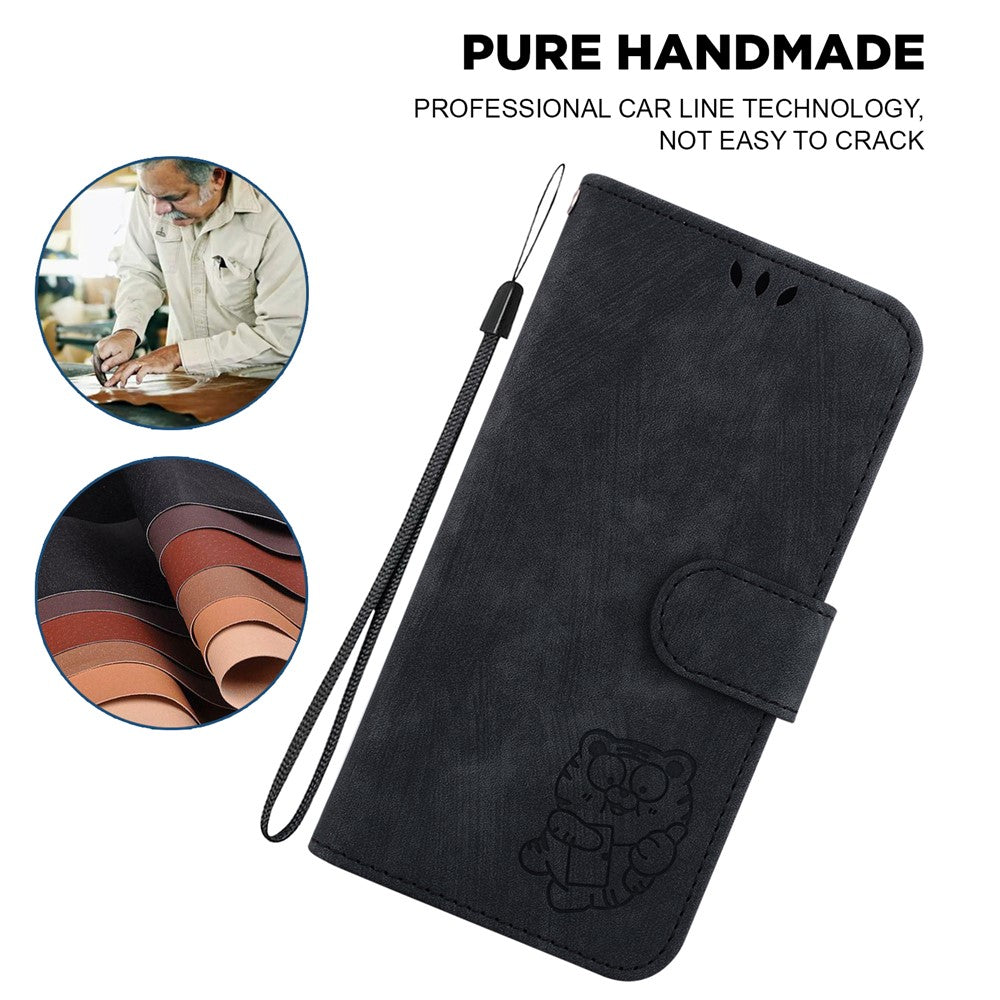 For Xiaomi Redmi Note 15 Pro 5G (Global) Wallet Case Tiger Imprint Leather Shockproof Phone Cover with Wrist Strap - Black