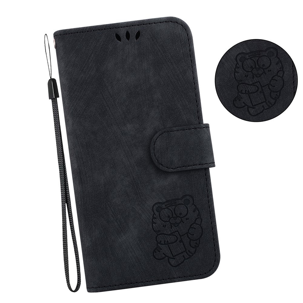 For Xiaomi Redmi Note 15 Pro 5G (Global) Wallet Case Tiger Imprint Leather Shockproof Phone Cover with Wrist Strap - Black