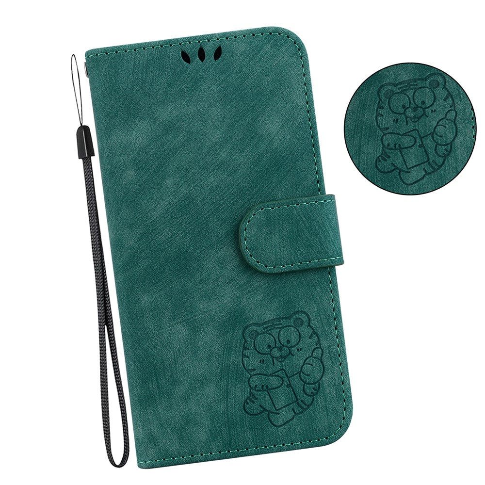 For Xiaomi Redmi Note 15 Pro 5G (Global) Wallet Case Tiger Imprint Leather Shockproof Phone Cover with Wrist Strap - Green