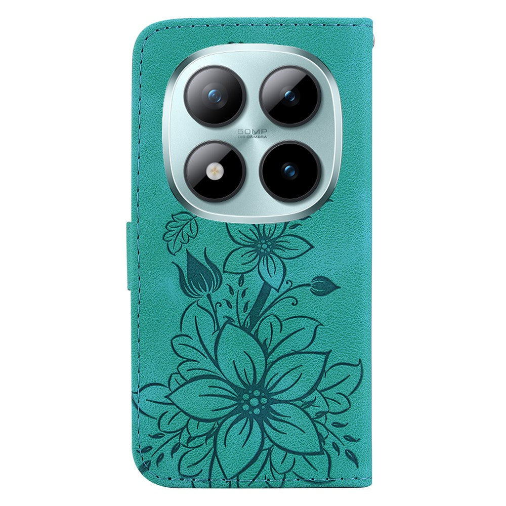 For Xiaomi Redmi Note 15 Pro 5G (Global) Stand Case Lily Flower Imprint Leather Phone Cover with Wrist Strap - Green